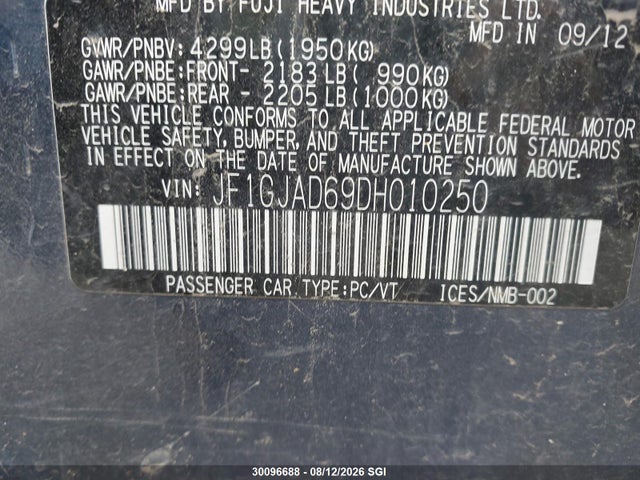 Продаж на аукціоні авто 2013 Subaru Impreza Premium, vin: JF1GJAD69DH010250, номер лоту: 30096688