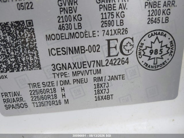 Продажа на аукционе авто 2022 Chevrolet Equinox Lt, vin: 3GNAXUEV7NL242264, номер лота: 30096691