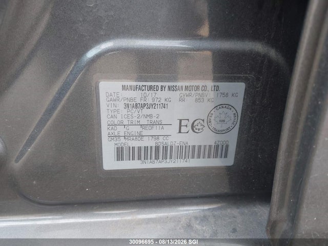 2018 Nissan Sentra S/sv/sr/sl მანქანა იყიდება აუქციონზე, vin: 3N1AB7AP3JY211741, აუქციონის ნომერი: 30096695