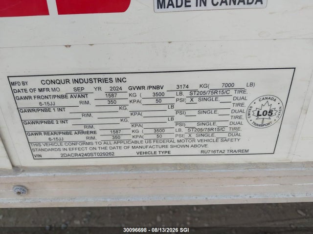 2025 Contract Manufacturing Inc Double A მანქანა იყიდება აუქციონზე, vin: 2DACR4240ST029262, აუქციონის ნომერი: 30096698