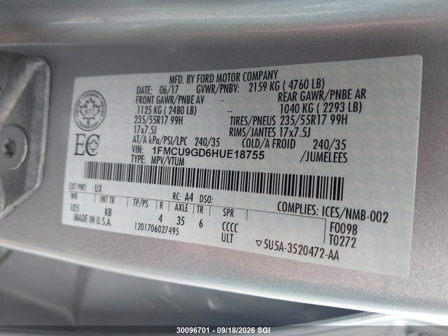 1FMCU9GD6HUE18755 Ford ESCAPE SE