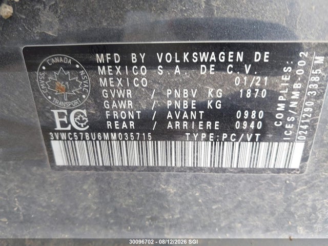 Продаж на аукціоні авто 2021 Volkswagen Jetta S/se/r-line, vin: 3VWC57BU6MM035715, номер лоту: 30096702
