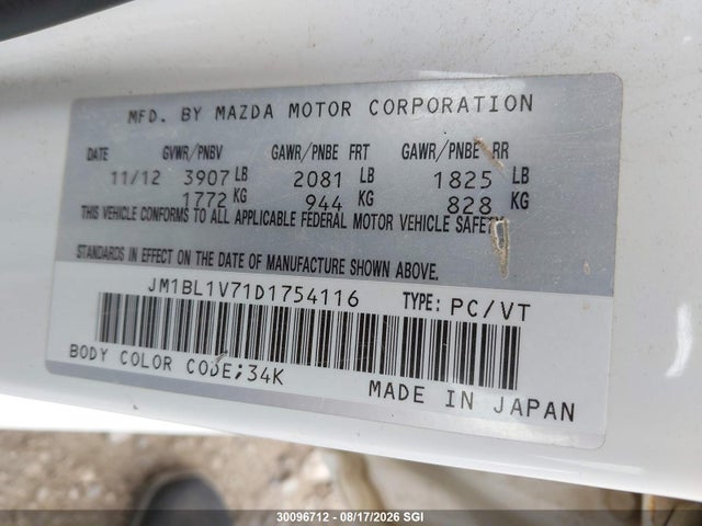 Aukcja sprzedaży 2013 Mazda 3 I, vin: JM1BL1V71D1754116, numer aukcji: 30096712