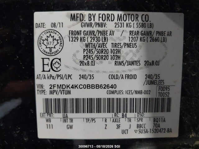 Продаж на аукціоні авто 2011 Ford Edge Limited, vin: 2FMDK4KC0BBB62640, номер лоту: 30096713