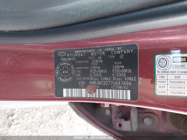 Продажа на аукционе авто 2007 Hyundai Tucson Gl/gls, vin: KM8JM72D77U647494, номер лота: 30096719