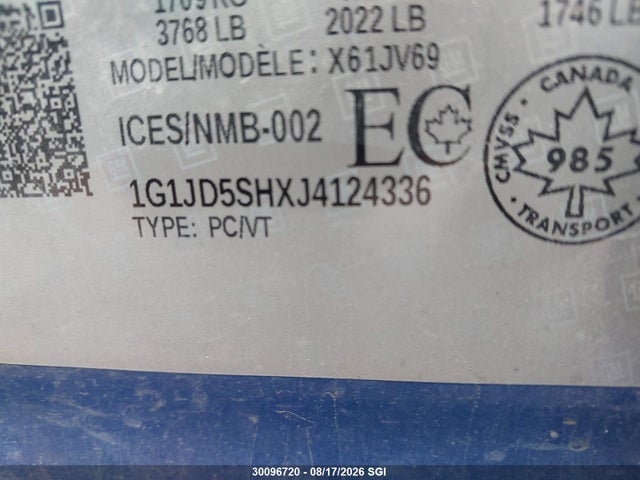 30096720 :رقم المزاد ، 1G1JD5SHXJ4124336 vin ، 2018 Chevrolet Sonic Lt مزاد بيع