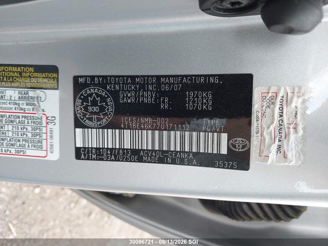 Продаж на аукціоні авто 2007 Toyota Camry Ce/le/xle/se, vin: 4T1BE46K77U171112, номер лоту: 30096721