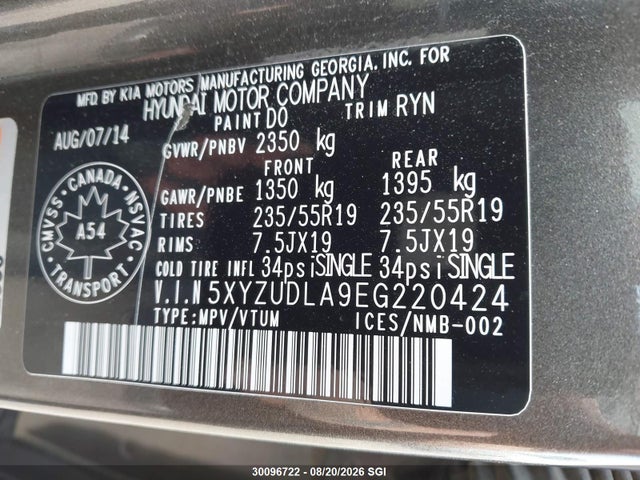 2014 Hyundai Santa Fe Sport მანქანა იყიდება აუქციონზე, vin: 5XYZUDLA9EG220424, აუქციონის ნომერი: 30096722