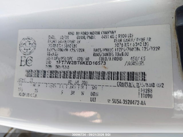 30096724 :رقم المزاد ، 1FT7W2BT6KED16573 vin ، 2019 Ford F250 Super Duty مزاد بيع