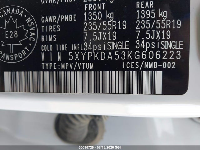 30096729 :رقم المزاد ، 5XYPKDA53KG606223 vin ، 2019 Kia Sorento Sx/sxl مزاد بيع