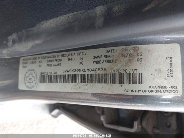 Aukcja sprzedaży 2005 Volkswagen Jetta Gls, vin: 3VWSK29MX5M040835, numer aukcji: 30096736