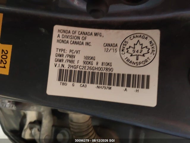 Продажа на аукционе авто 2016 Honda Civic Dx, vin: 2HGFC2E26GH007890, номер лота: 30096279