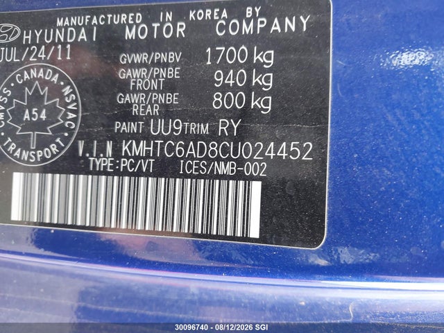 Aukcja sprzedaży 2012 Hyundai Veloster, vin: KMHTC6AD8CU024452, numer aukcji: 30096740