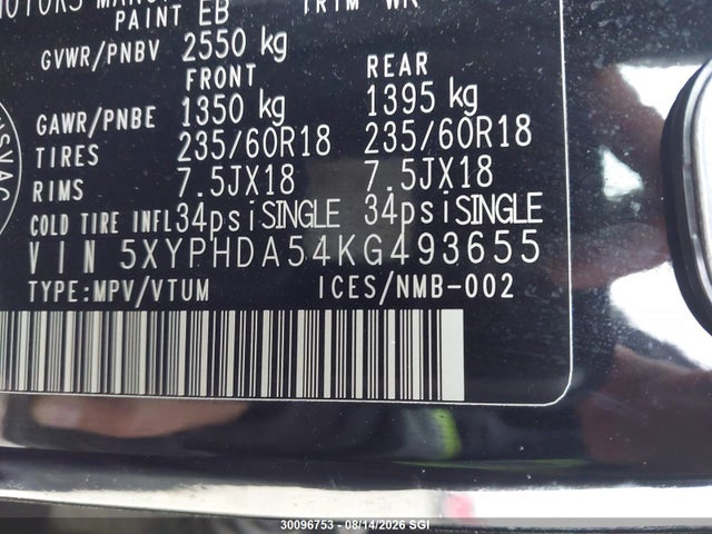 Продажа на аукционе авто 2019 Kia Sorento Ex/ex Sport, vin: 5XYPHDA54KG493655, номер лота: 30096753