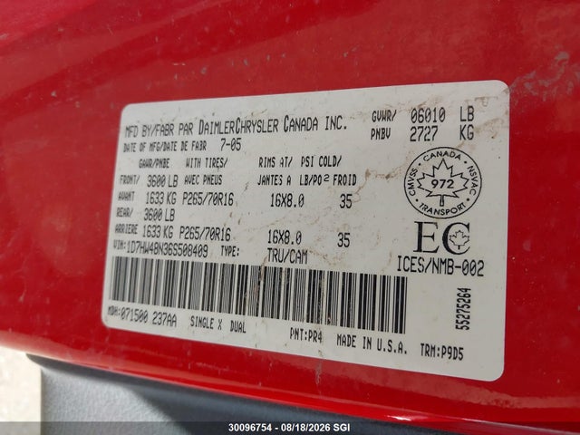 30096754 :رقم المزاد ، 1D7HW48N36S508409 vin ، 2006 Dodge Dakota Quad Slt مزاد بيع