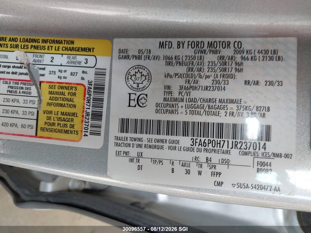 30096557 :رقم المزاد ، 3FA6P0H71JR237014 vin ، 2018 Ford Fusion Se مزاد بيع