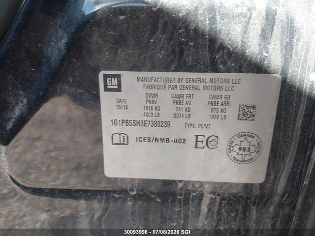 Продажа на аукционе авто 2014 Chevrolet Cruze Ls, vin: 1G1PB5SH3E7380239, номер лота: 30093998