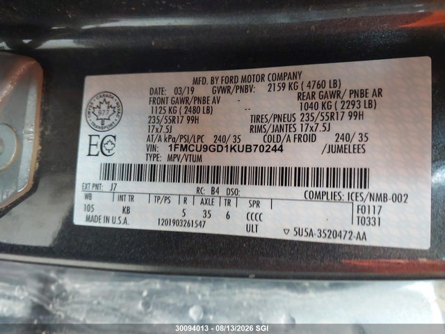 Ford ESCAPE SE 2019 1FMCU9GD1KUB70244 Image 9