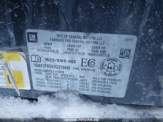 Aukcja sprzedaży 2017 Chevrolet Traverse Ls, vin: 1GNKVFKDXHJ279449, numer aukcji: 30078346