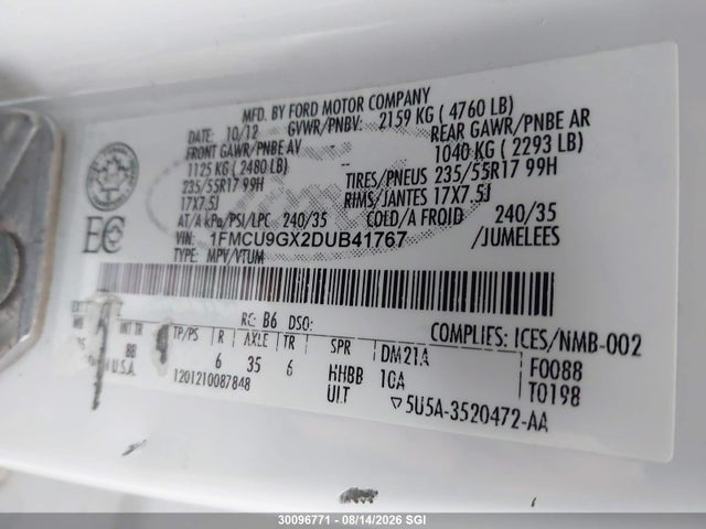 Продаж на аукціоні авто 2013 Ford Escape Se, vin: 1FMCU9GX2DUB41767, номер лоту: 30096771