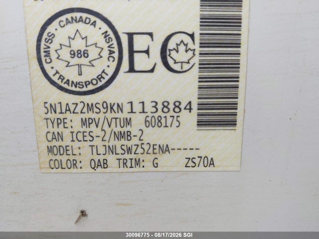 5N1AZ2MS9KN113884 Nissan Murano S/sl/sv/platinum