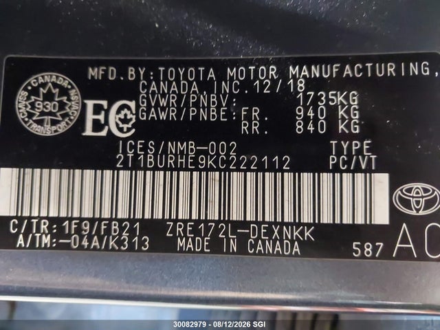 Продажа на аукционе авто 2019 Toyota Corolla L/le/xle/se/xse, vin: 2T1BURHE9KC222112, номер лота: 30082979
