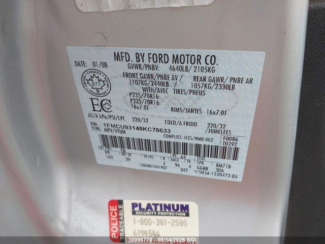 Продаж на аукціоні авто 2008 Ford Escape Xlt, vin: 1FMCU93148KC78633, номер лоту: 30096778