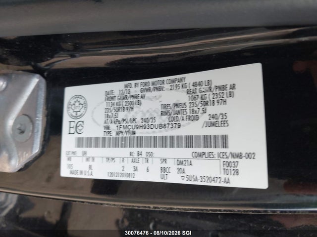 Продаж на аукціоні авто 2013 Ford Escape Sel, vin: 1FMCU9H93DUB87379, номер лоту: 30076476