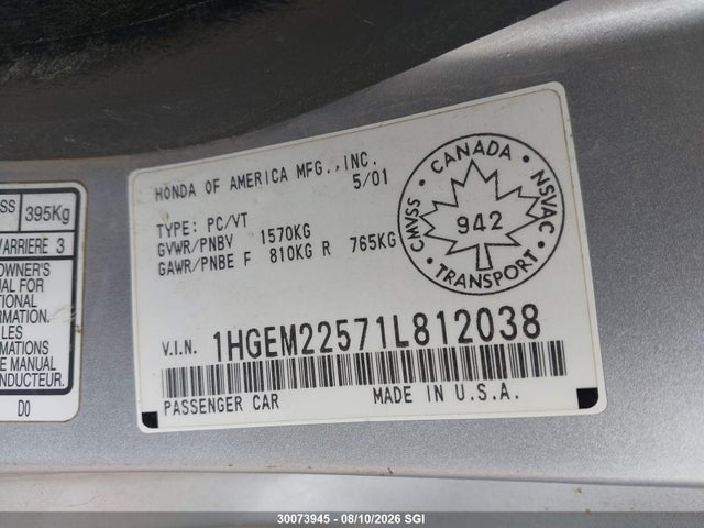 2001 Honda Civic Lx მანქანა იყიდება აუქციონზე, vin: 1HGEM22571L812038, აუქციონის ნომერი: 30073945