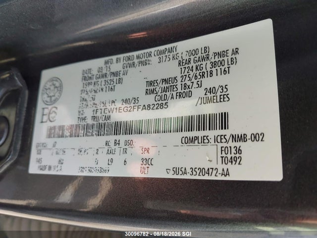 Продаж на аукціоні авто 2015 Ford F150 Supercrew, vin: 1FTEW1EG2FFA82285, номер лоту: 30096782