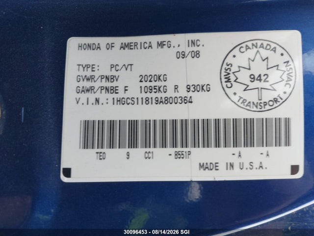 Aukcja sprzedaży 2009 Honda Accord Exl, vin: 1HGCS11819A800364, numer aukcji: 30096453