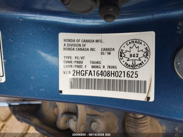 30096800 :رقم المزاد ، 2HGFA16408H021625 vin ، 2008 Honda Civic Dx-g مزاد بيع