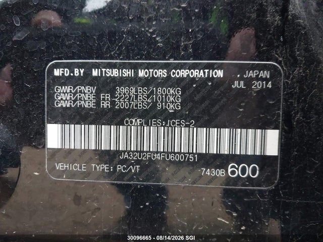 2015 Mitsubishi Lancer Es მანქანა იყიდება აუქციონზე, vin: JA32U2FU4FU600751, აუქციონის ნომერი: 30096665