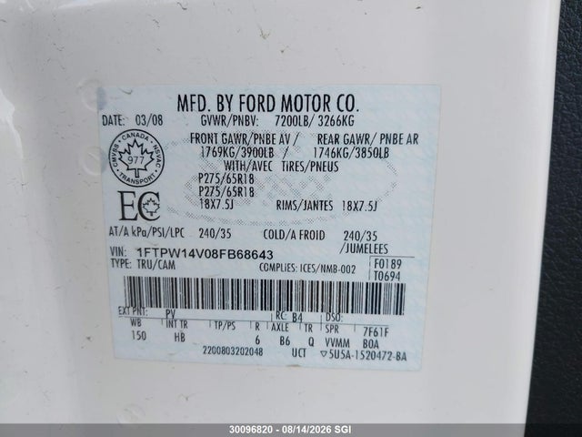 2008 Ford F150 Supercrew მანქანა იყიდება აუქციონზე, vin: 1FTPW14V08FB68643, აუქციონის ნომერი: 30096820