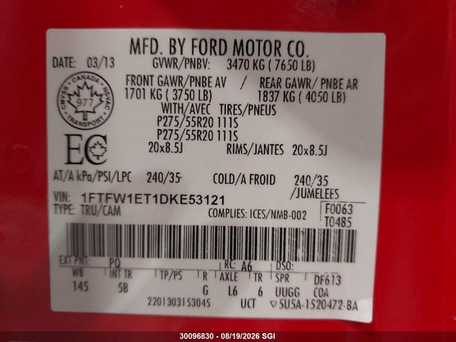 Продажа на аукционе авто 2013 Ford F150 Supercrew, vin: 1FTFW1ET1DKE53121, номер лота: 30096830