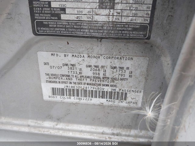 Продажа на аукционе авто 2008 Mazda 3 I, vin: JM1BK32F281794804, номер лота: 30096836