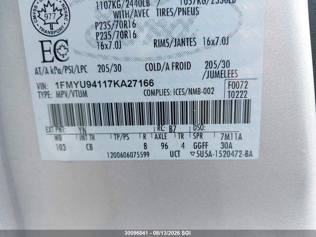 Aukcja sprzedaży 2007 Ford Escape Limited, vin: 1FMYU94117KA27166, numer aukcji: 30096841