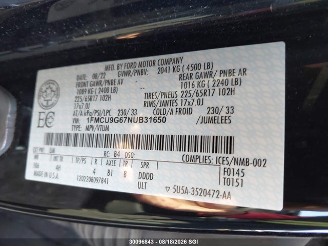 Ford ESCAPE SE 2022 1FMCU9G67NUB31650 Image 9