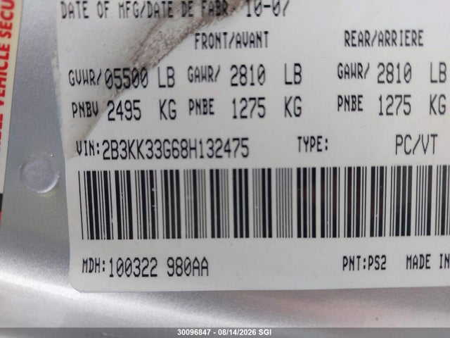 30096847 :رقم المزاد ، 2B3KK33G68H132475 vin ، 2008 Dodge Charger Sxt مزاد بيع