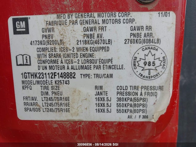 30096856 :رقم المزاد ، 1GTHK23112F148882 vin ، 2002 Gmc Sierra 2500hd Sl/sle/slt مزاد بيع