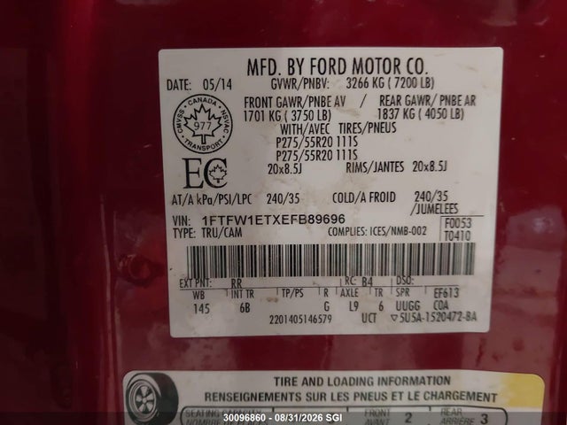 30096860 :رقم المزاد ، 1FTFW1ETXEFB89696 vin ، 2014 Ford F150 Supercrew مزاد بيع