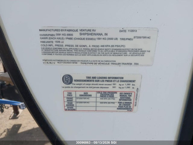 2014 Kz Sporttrek Travel Trailer მანქანა იყიდება აუქციონზე, vin: 4EZT12524E8118768, აუქციონის ნომერი: 30096863