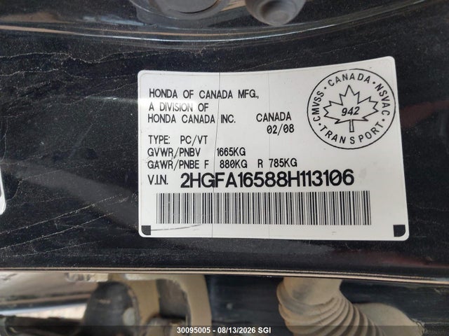 30095005 :رقم المزاد ، 2HGFA16588H113106 vin ، 2008 Honda Civic Lx مزاد بيع