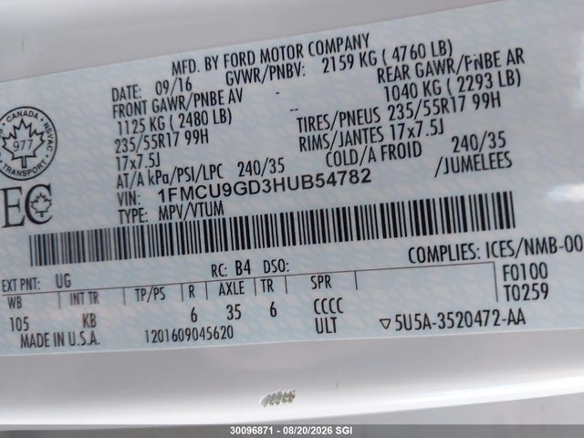 Ford ESCAPE SE 2017 1FMCU9GD3HUB54782 Image 9
