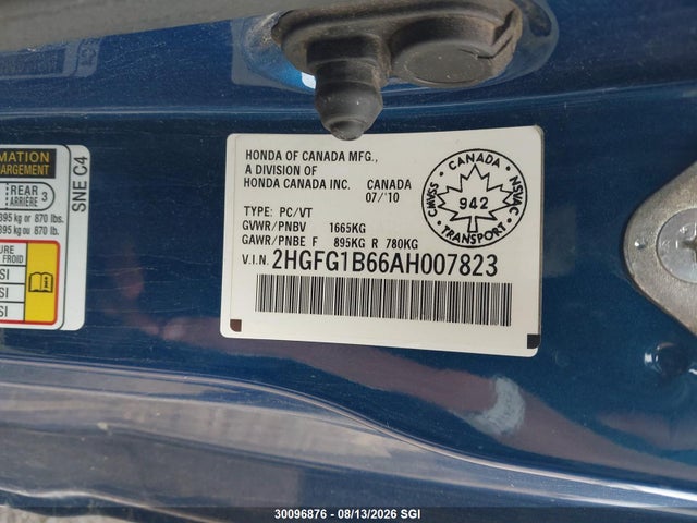 30096876 :رقم المزاد ، 2HGFG1B66AH007823 vin ، 2010 Honda Civic Lx مزاد بيع