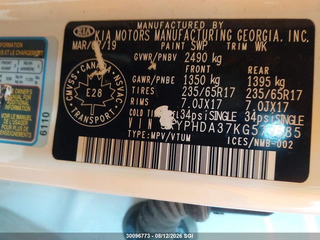 Aukcja sprzedaży 2019 Kia Sorento Ex, vin: 5XYPHDA37KG579685, numer aukcji: 30096773