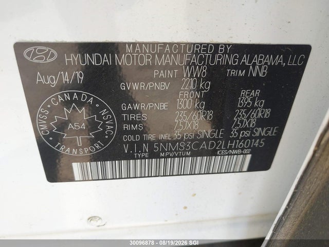 30096878 :رقم المزاد ، 5NMS3CAD2LH160145 vin ، 2020 Hyundai Santa Fe Sel/sel Plus مزاد بيع
