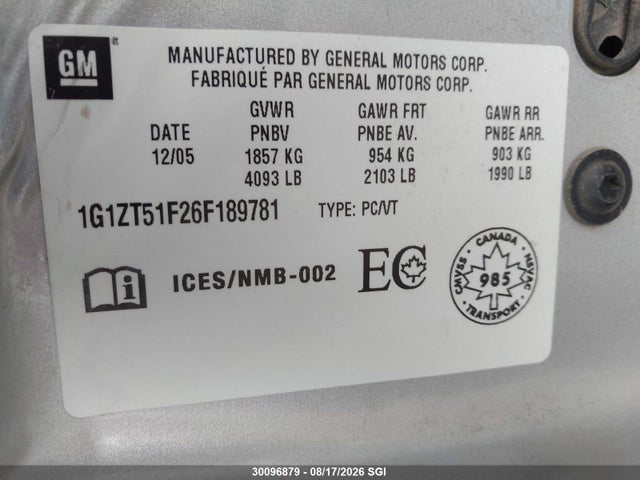 30096879 :رقم المزاد ، 1G1ZT51F26F189781 vin ، 2006 Chevrolet Malibu Lt مزاد بيع