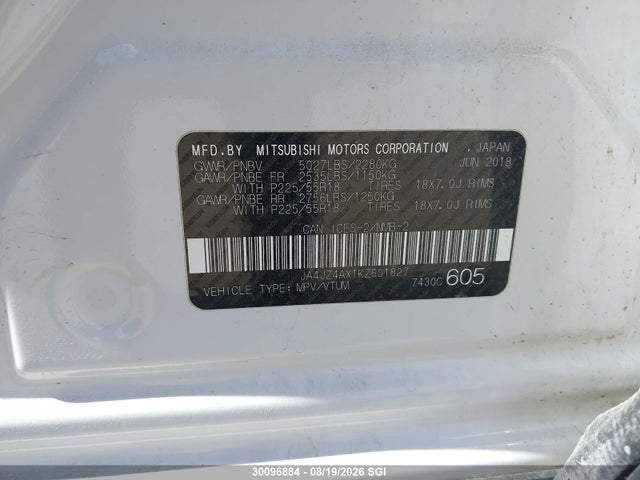 JA4JZ4AX1KZ601827 Mitsubishi OUTLANDER GT