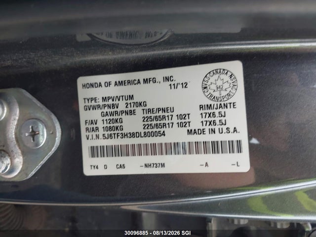 Продаж на аукціоні авто 2013 Honda Crosstour Ex, vin: 5J6TF3H38DL800054, номер лоту: 30096885
